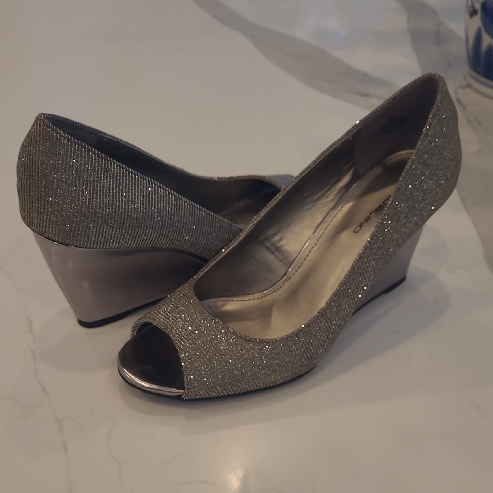 Bandolino Sparkling Silver Peep-Toe Wedges
